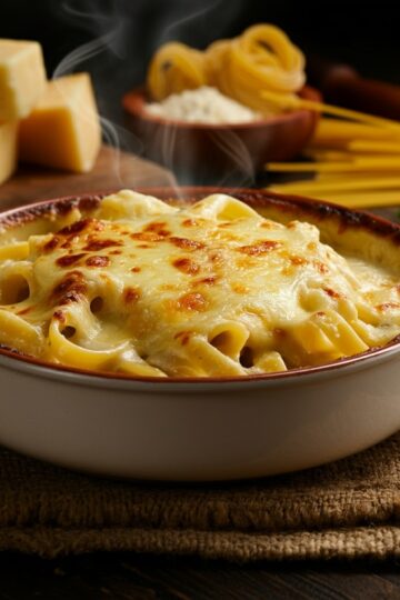 Massa ao Molho Branco com Queijo Gratinado