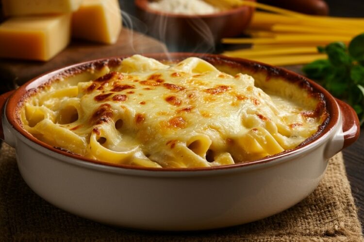 Massa ao Molho Branco com Queijo Gratinado